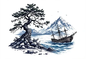 acacia tree with mountains and the ocean and a ship wreck tattoo idea