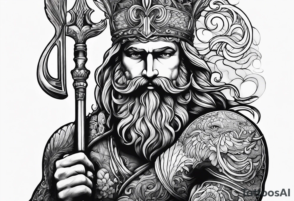 Scuba diver holding a trident of Poseidon tattoo idea