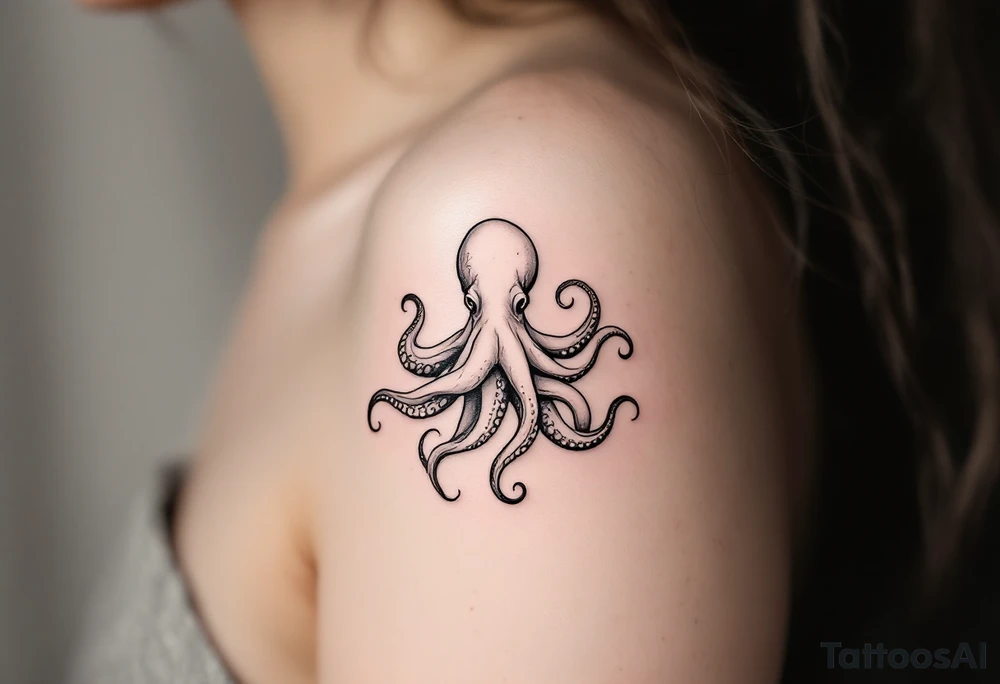 A small realistic black and grey tattoo of an octopus, with detailed shading and soft linework, showing the octopus with swirling tentacles, on light skin. The style is minimalistic and elegant, resembling fine-line tattoo with a shadow tattoo idea
