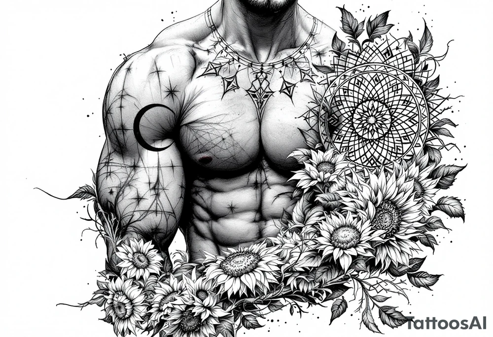 intricate mandala with sacred geometry and sunflowers tattoo idea