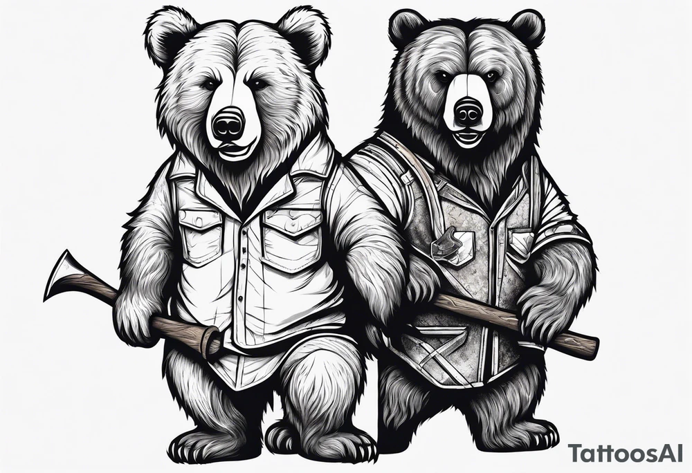Vertically split half teddy bear and half grizzly bear holding a wood axe tattoo idea
