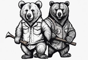 Vertically split half teddy bear and half grizzly bear holding a wood axe tattoo idea