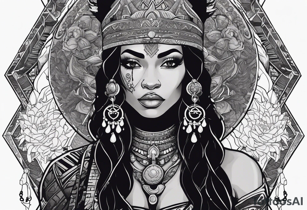valkrye, kali, pirate, african goddess, , warrior, native american, lotus, zenza resonance, skulls, dragon, pachamama, left side face, chest, right wing, tattoo idea