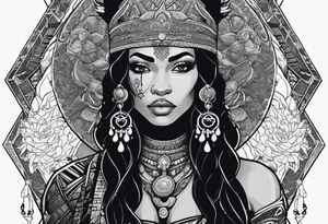 valkrye, kali, pirate, african goddess, , warrior, native american, lotus, zenza resonance, skulls, dragon, pachamama, left side face, chest, right wing, tattoo idea