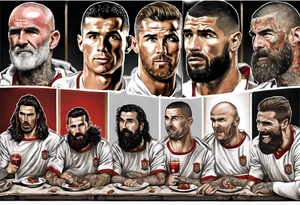 Rooney, Ronaldo, Best, Charlton, Cantona and Rashford at the Last Supper tattoo idea