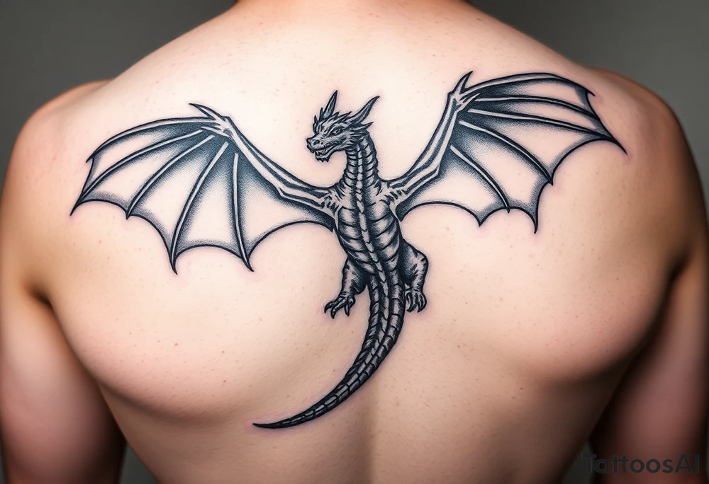 Dragon flying with outstretched wings, facing the viewer, with a long and slender body, the head slightly higher than the wings, and the tailed stretched out to one side tattoo idea