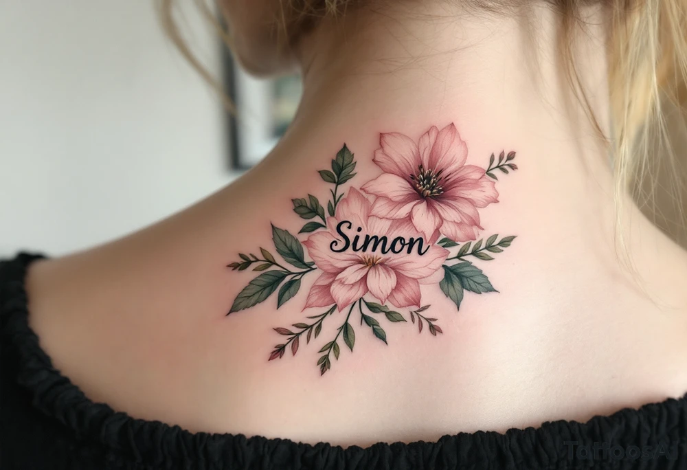 Florals with name "Simon" and numbers 12.2.2022 v 8:08 hidden within petals in dusty rose and olive green. tattoo idea