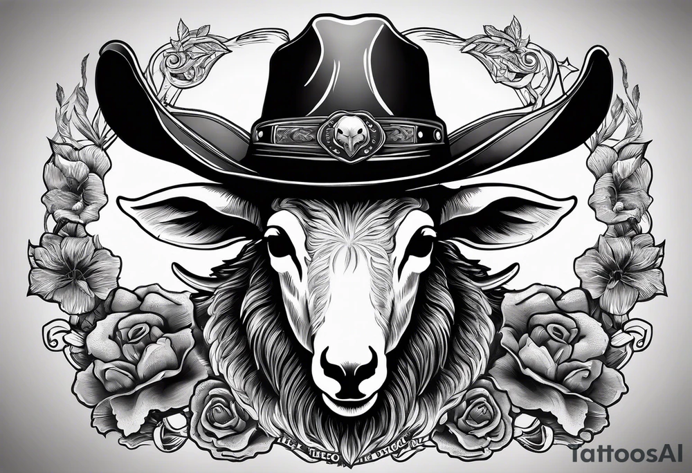 A sheep skull with cowboy hat hanging off the end of one of the horns and the words sleep through the storm tattoo idea