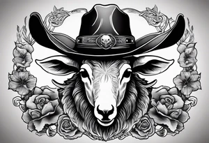 A sheep skull with cowboy hat hanging off the end of one of the horns and the words sleep through the storm tattoo idea