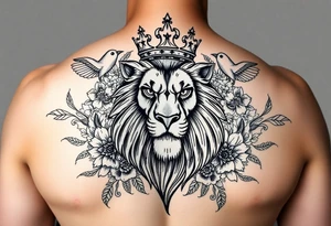 powerful majestic lion with a crown, surrounded by floral ornaments and birds tattoo idea