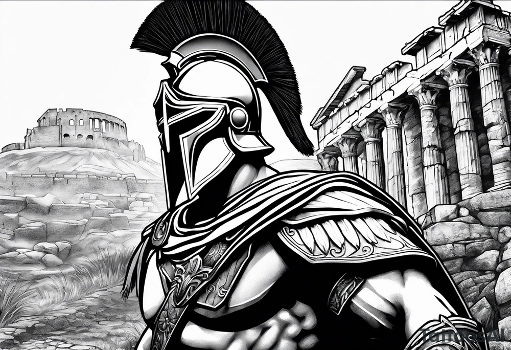 Close up of spartan solider face looking right at distant roman ruins tattoo idea