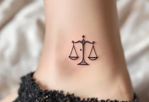 A tiny star constellation in white from inside a black-ink outline of Libra symbol on the ankle. tattoo idea