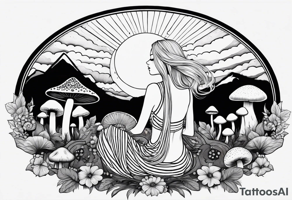 Straight blonde hair girl holding mushrooms in hand meditating facing away toward mountains surrounded by mushrooms crescent moon mandala circular design black and white striped dress tattoo idea