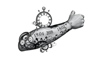 I want to create a sleeve for my left arm with elements if time and music and the dates 19.04.2019 and 28.01.2022 in Roman numerals tattoo idea