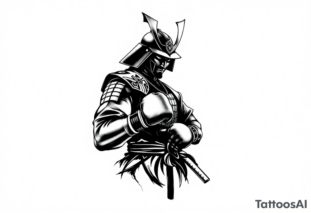 noble samurai warrior silhouette at sunset with boxing gloves tattoo idea