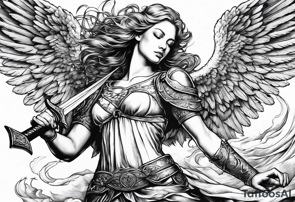 female angel with sword flying in the sky tattoo idea