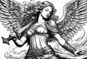 female angel with sword flying in the sky tattoo idea