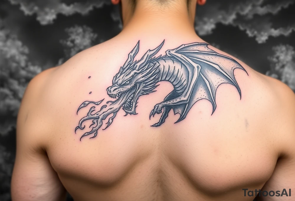 fierce dragon breathing iridescent fire against stormy skies Spelling J7 tattoo idea