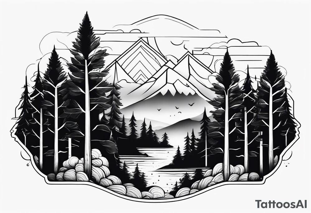 forest along the edges where there are fires below and in the distance with full trees tattoo idea