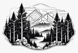 forest along the edges where there are fires below and in the distance with full trees tattoo idea