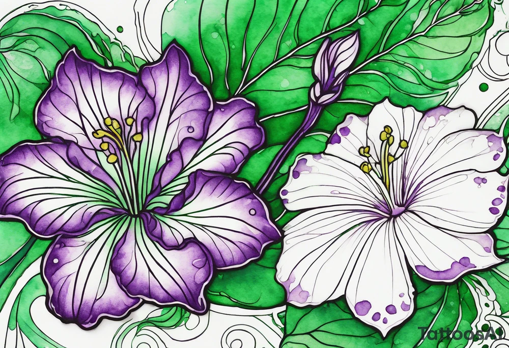 A mystical outline of a green rio dipladenia flower and a green/purple watercolor splatter in the background tattoo idea