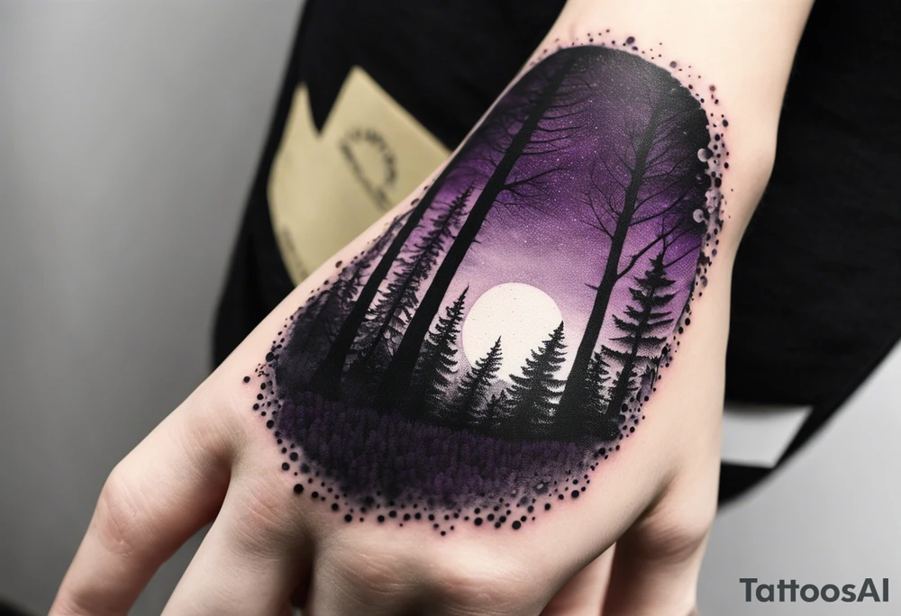 forest, abstract, on hand, no people, purple and black, full, whole wrist wrapped, filled, blackwork tattoo idea