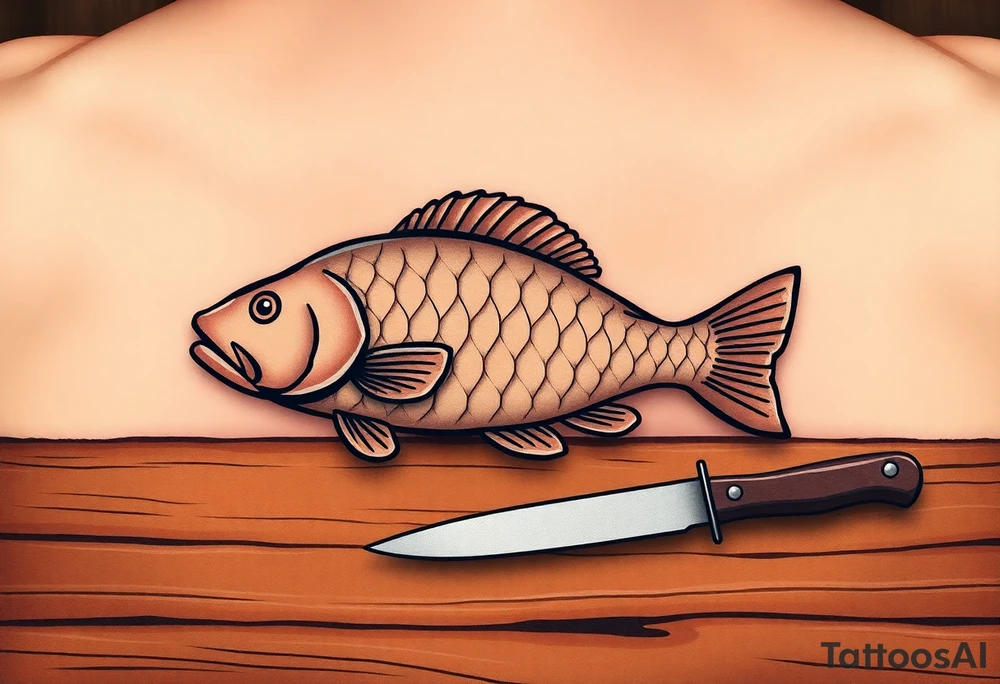 A carp resting on a wooden table with a sharp knife nearby, symbolizing the Czech Christmas tradition, in muted browns and soft golden tones. tattoo idea