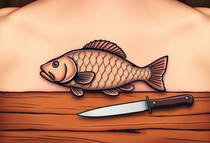 A carp resting on a wooden table with a sharp knife nearby, symbolizing the Czech Christmas tradition, in muted browns and soft golden tones. tattoo idea