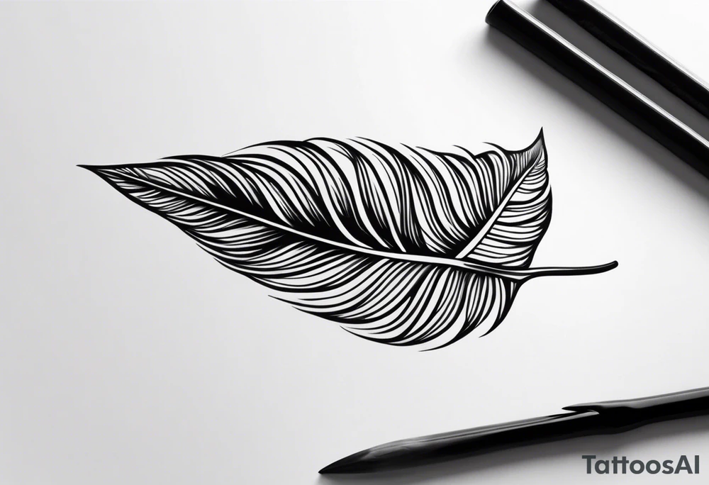 Create an image of a forearm tattoo of a leaf that becomes a feather towards the tip tattoo idea