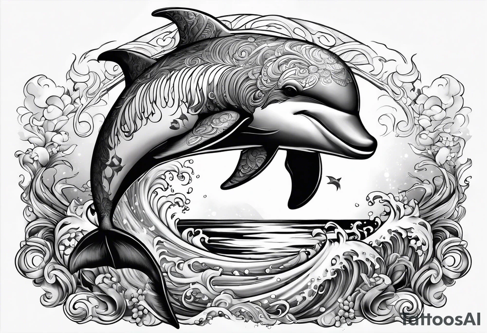 delfin emanando de una ola del mar tattoo idea