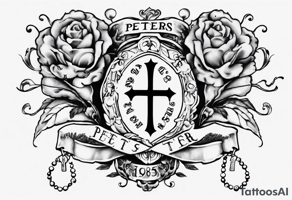 men’s arm sleeve, rosary, the name Peters, 1997, tattoo idea