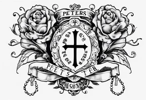 men’s arm sleeve, rosary, the name Peters, 1997, tattoo idea