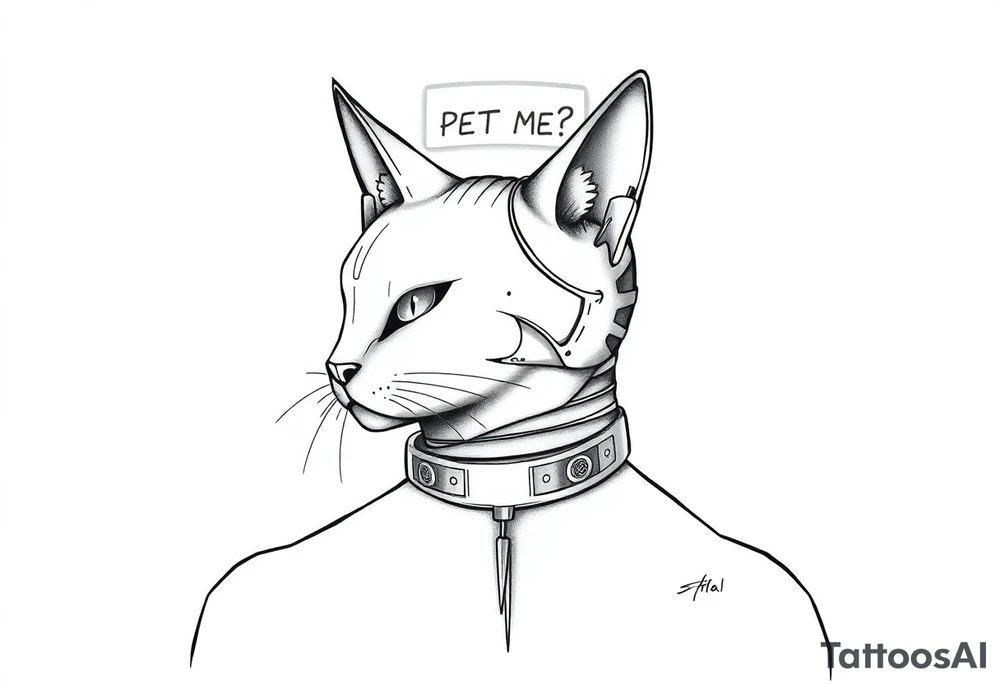 Cybernetic Cat with a Holographic CollarA sleek, cyberpunk cat with one glowing eye and mechanical enhancements.A floating AR display above its head showing "PET ME?"Whiskers made of thin fiber-optic cables. tattoo idea