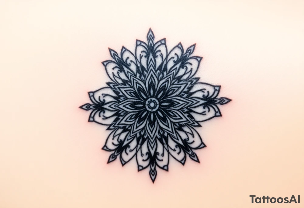 A detailed mandala style tattoo with a 5-petal Symbolic placement for each family member. Two bottom petals for my husband and I at the base, intertwined floral patterns like mirrored vines or spiral paisleys representing our identical twins, and another petal for my oldest son. Details like the Gemini zodiac symbol,  feminine-yet-bold linework, Detailed dotwork, linework, and geometric accents around each petal, Interconnected elements to reflect family unity tattoo idea