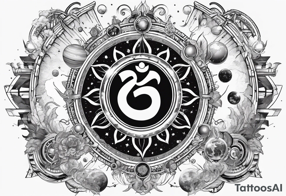 elements of nature and engineering in solar system with OM symbol in center tattoo idea