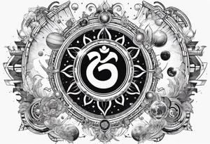 elements of nature and engineering in solar system with OM symbol in center tattoo idea
