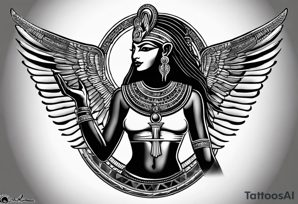 black and white Egyptian goddess Isis, who is often depicted as a woman with outstretched wings, holding an ankh (a symbol of life) in one hand and a lotus flower in the other. Her headdress often includes a throne or a solar disk. The tattoo design can vary in style and size, but it typically aims to capture the essence of this revered Egyptian deity, emphasizing her beauty, power, and maternal qualities. The choice of colors and additional elements can also be customized to create a unique and visually striking representation of the goddess Isis tattoo idea