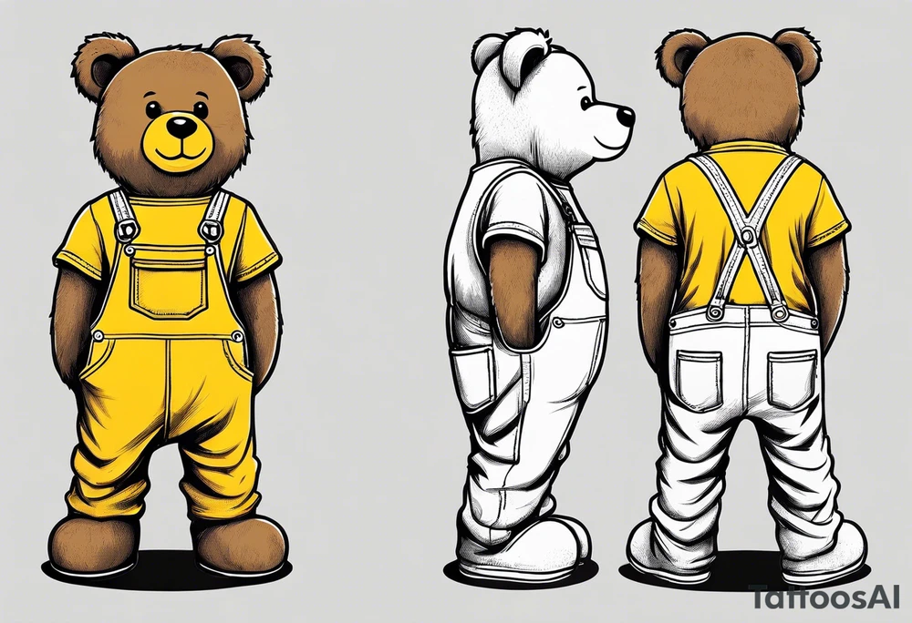 the back of a standing, skinny, brown ,
teddy bear in long, yellow overalls tattoo idea