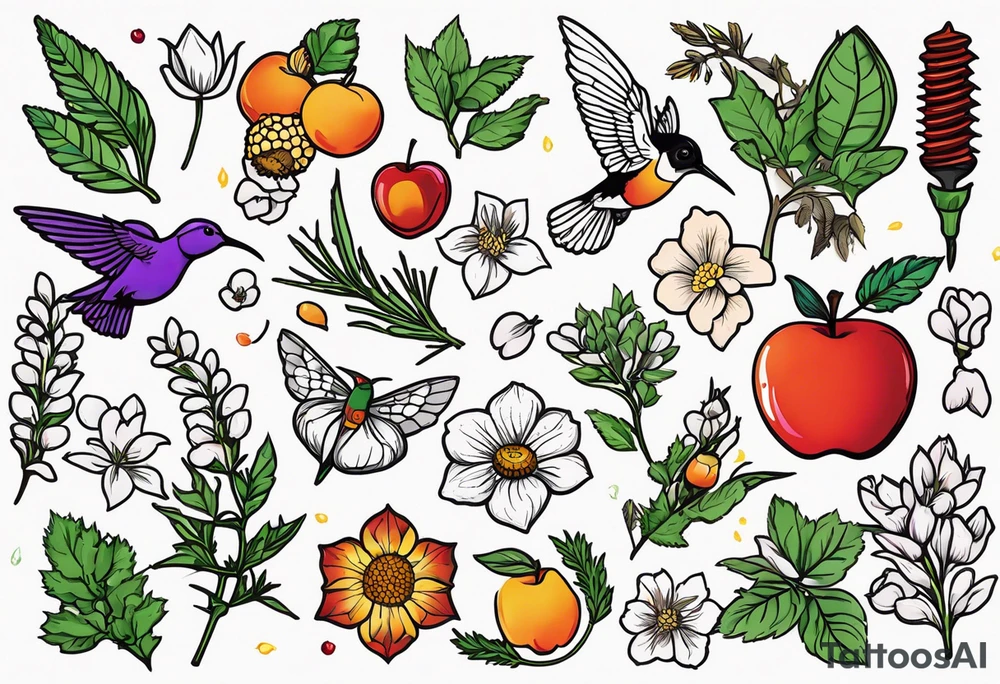 Hops, Rosemary, Thyme, Sage, Juniper, Corn, Wheat, Rose, Sunflower, Cherry blossom, Apple blossom, Honeycomb, Maple leaves, Violet/primrose, Carrot, Cherry, Apple/apple core, Acorns

Hawk, Lightbulb, Hummingbird tattoo idea