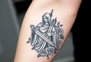 Saint Barbara carrying a sword detailed with a castle tower in the background, and roses tattoo idea