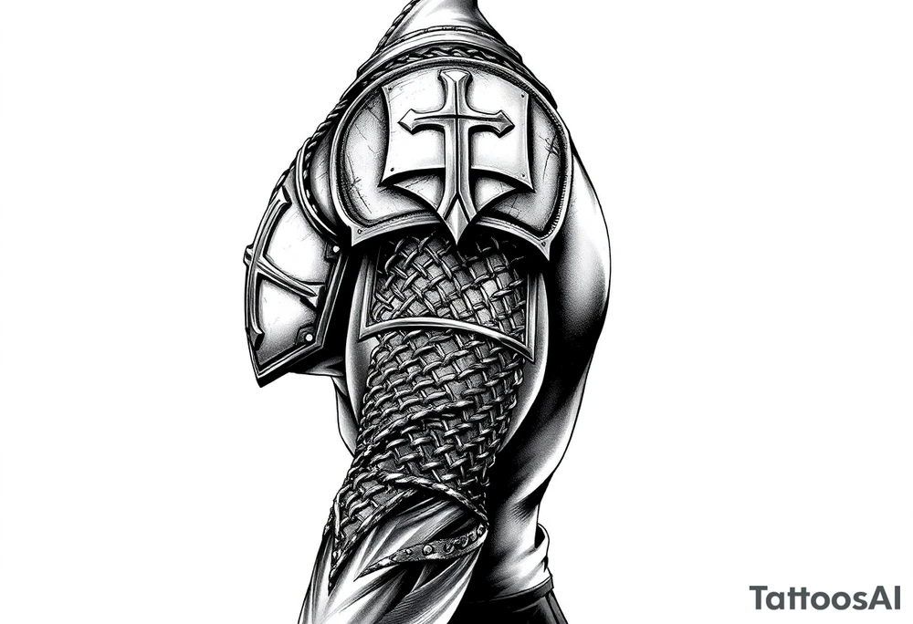 Chainmail armor from top of trapezius to below elbow with an intricate plate armor piece with a cross on shoulder tattoo idea
