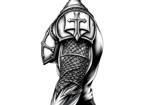 Chainmail armor from top of trapezius to below elbow with an intricate plate armor piece with a cross on shoulder tattoo idea