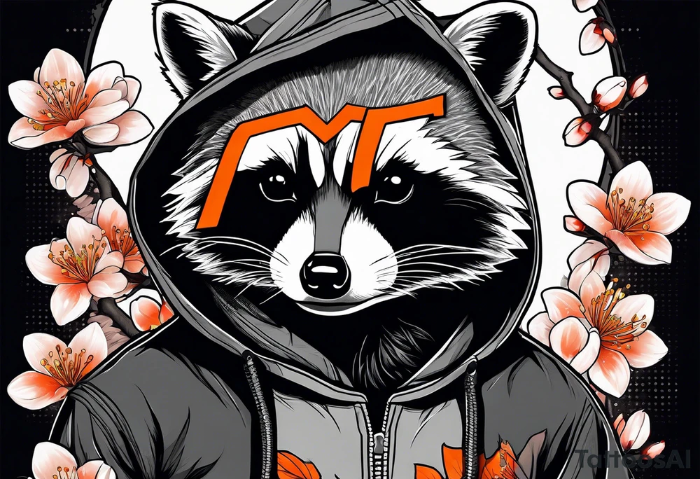 raccoon wearing a black and white Superman hoodie and orange Japanese cherry blossoms tattoo idea