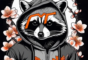 raccoon wearing a black and white Superman hoodie and orange Japanese cherry blossoms tattoo idea