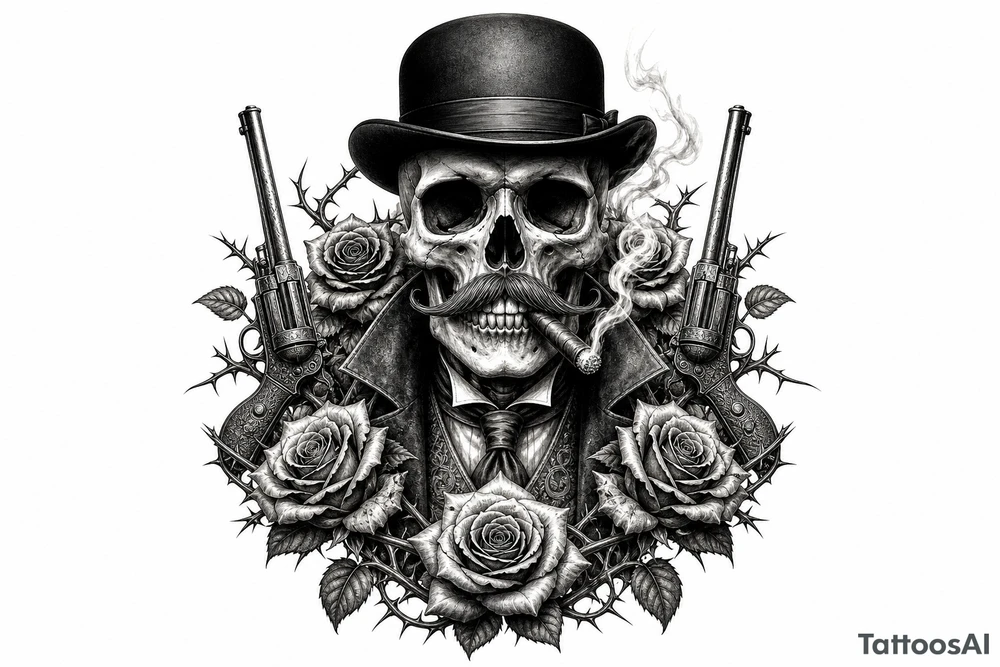 Gothic skull in bowler hat, handlebar mustache, holding smoking cigar, antique revolvers at sides, thorny roses. tattoo idea