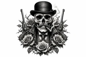 Gothic skull in bowler hat, handlebar mustache, holding smoking cigar, antique revolvers at sides, thorny roses. tattoo idea
