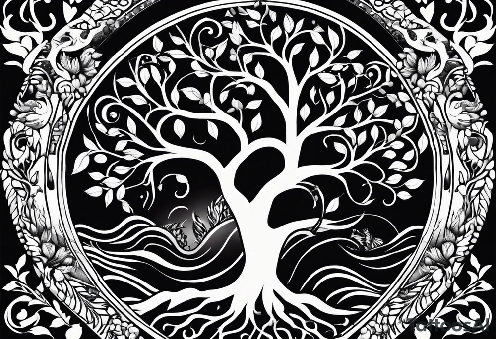 Tree of life with the roots going into a tigers stripes tattoo idea
