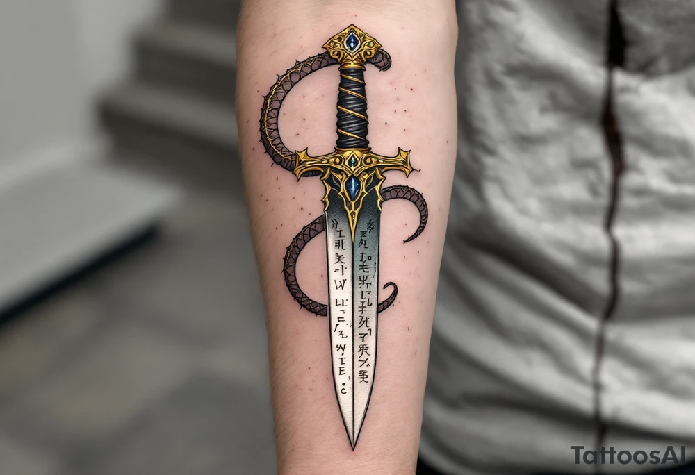 A ceremonial dagger with a serpent-shaped golden hilt, a dark jade blade etched with ancient runes, and a small sapphire embedded in the pommel, representing wisdom and hidden power. tattoo idea