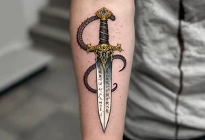 A ceremonial dagger with a serpent-shaped golden hilt, a dark jade blade etched with ancient runes, and a small sapphire embedded in the pommel, representing wisdom and hidden power. tattoo idea