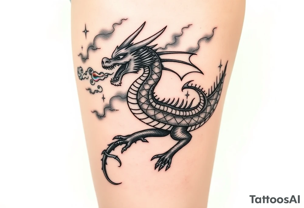 fierce dragon breathing iridescent fire against stormy skies tattoo idea
